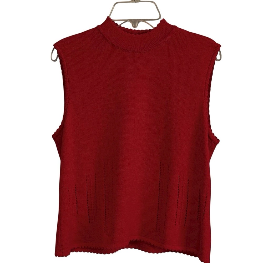 St. John Womens Knit Mock Neck Sleeveless Tank Top Scallop‎ Edge Red Size P